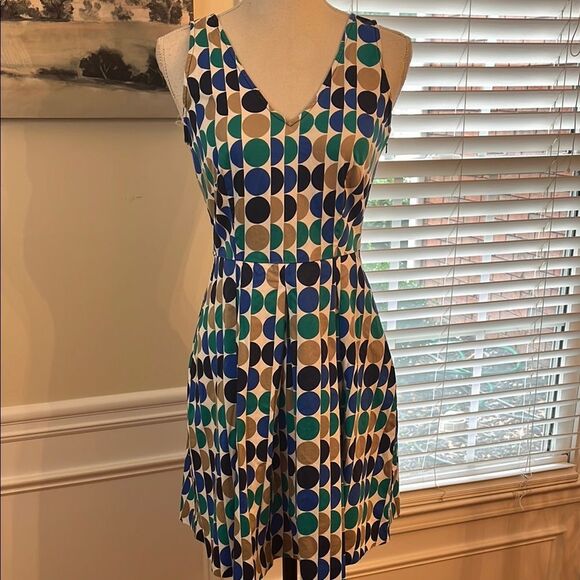 Banana Republic Blue Green Navy Tan Polka Dot Fit Flare Stretch Dress - Picture 1 of 8
